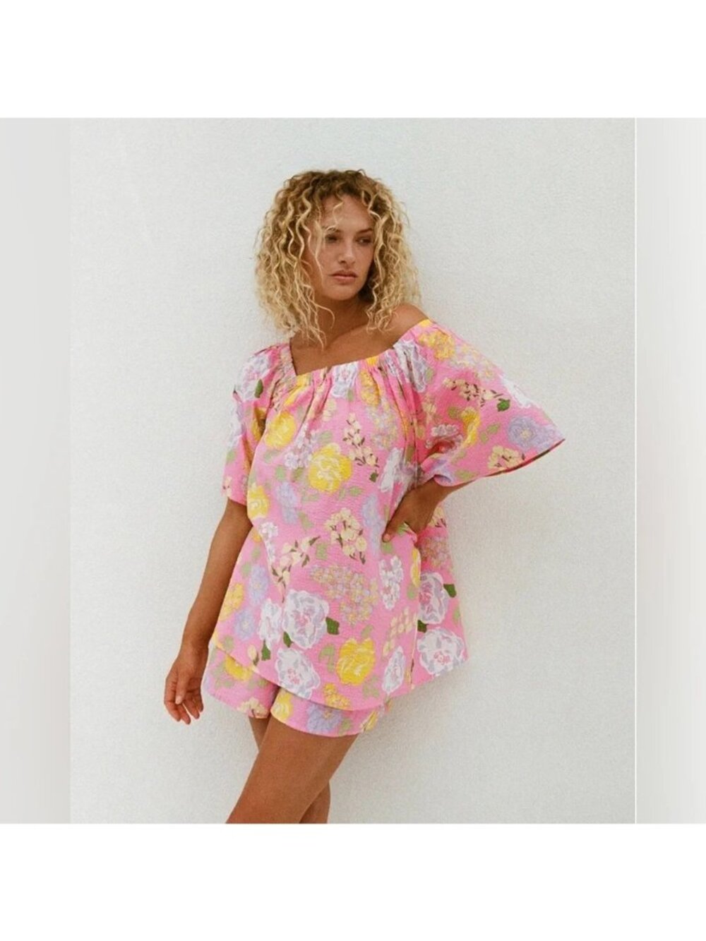 Sabo Pink Floral Seersucker Top Short Set Womens Size XSmall